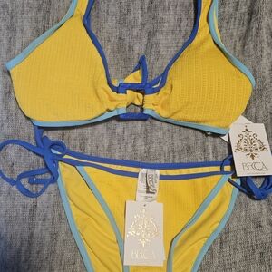 BECCA Yellow Bikini with Royal Blue & Light Blue Trim